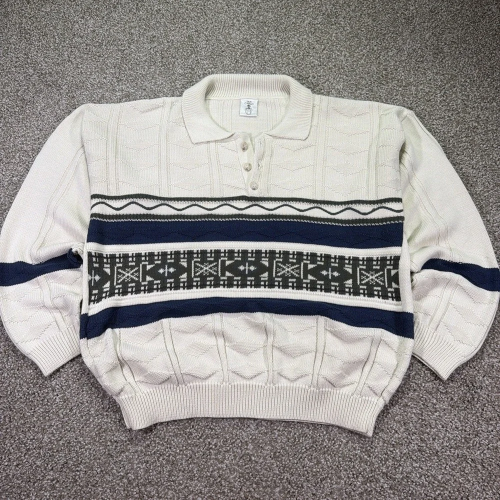 Vintage Jan Carlo Henley Sweater Cream Size XL 90s Classic Geometric